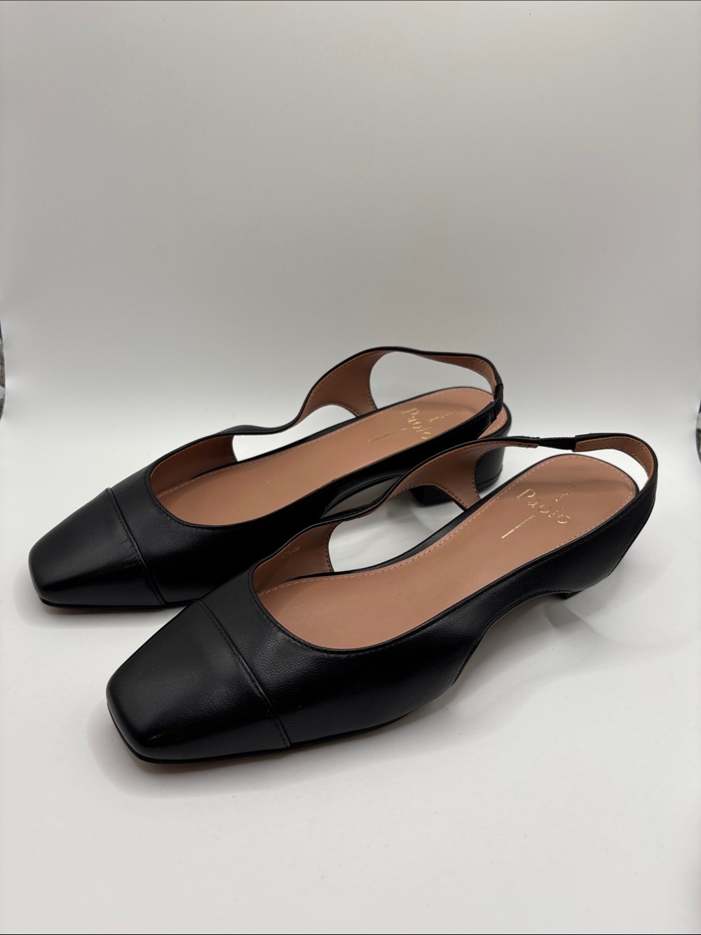 Paolo Black Leather Slingback Square Toe Low Heel Mules
